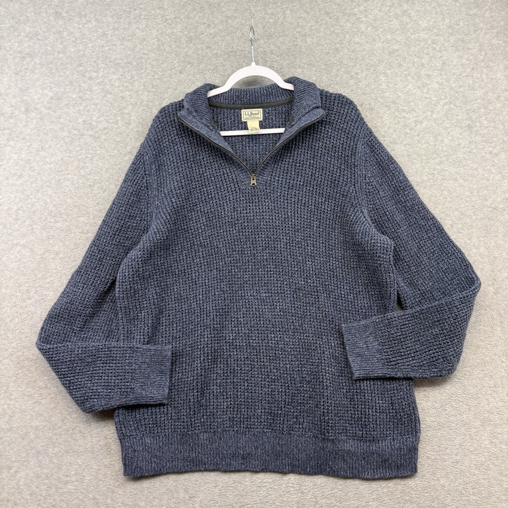 L.L.Bean Sweater Mens XLT Blue Quarter Zip Mock Neck Waffle Knit Organic Cotton‎